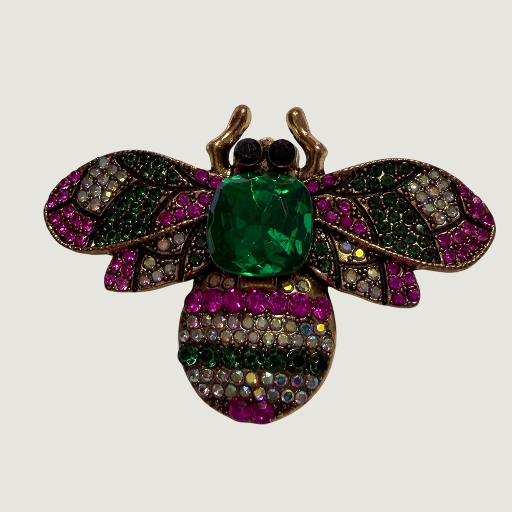 Vintage Style Rhinestone Bee Brooch Emerald Green Crystal Insect Pin No Markings